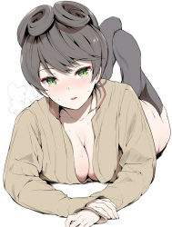 Rule 34 | 1girl, amasora taichi, black hair, black socks, breasts, chi-hatan school uniform, cleavage, coat, commentary request, girls und panzer, green eyes, highres, hosomi shizuko, jacket, kneehighs, large breasts, legs up, long sleeves, looking at viewer, lying, naked coat, on stomach, open clothes, open jacket, open mouth, school uniform, short hair, simple background, socks, solo, sweat, teeth, upper teeth only, white background