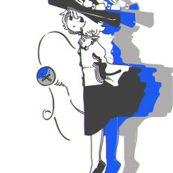 Rule 34 | 1girl, 3ma can omochi, black hat, blouse, bow, eyeball, frilled shirt collar, frilled sleeves, frills, full body, hat, hat bow, hat ribbon, heart, heart of string, highres, komeiji koishi, limited palette, ribbon, shirt, smile, solo, standing, touhou, white background
