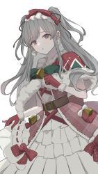 Rule 34 | 1girl, :o, bell, belt, christmas, frills, fur-trimmed gloves, fur trim, gloves, grey hair, headdress, highres, idolmaster, idolmaster shiny colors, long hair, looking at viewer, momi (frisch1022), neck bell, pale skin, pom pom (clothes), purple eyes, red gloves, ribbon-trimmed skirt, ribbon trim, santa costume, solo, two side up, white background, yukoku kiriko