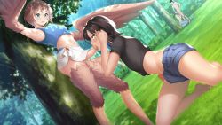 Rule 34 | 2boys, 2girls, absurdres, black hair, black shirt, blouse, blue eyes, blue hair, blue shorts, blue tank top, blush, breasts, brown hair, bush, calum (existence), commentary, completely nude, english commentary, erection, existence, feathered wings, feathers, fellatio, forest, futa with male, futanari, game cg, green eyes, hair between eyes, hand on another&#039;s head, harpy, highres, kari (existence), kneeling, lamia, looking at another, looking up, medium breasts, midriff, miniskirt, monster girl, multicolored hair, multiple boys, multiple girls, nature, nude, open fly, open mouth, oral, outdoors, penis, public indecency, scenery, shirt, short hair, shorts, skirt, standing, streaked hair, sunlight, tank top, trap, tree, uncensored, uosaasou, white skirt, winged arms, wings