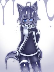 Rule 34 | 1girl, ahoge, animal ear fluff, animal ears, black gloves, blue eyes, bodysuit, colored skin, curss, fox ears, fox tail, glasses, gloves, grey skin, hair ornament, hairclip, hand up, highres, looking at viewer, monster girl, original, parted lips, slime girl, solo, standing, tail