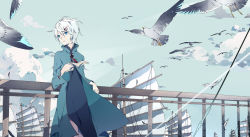 Rule 34 | 1girl, bad id, bad pixiv id, bird, blue eyes, cloud, fence, hair ornament, hairclip, mouseqi, paper, seagull, ship, short hair, sky, solo, vocaloid, vocanese, watercraft, white hair, yan he, yanhe