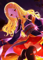 Rule 34 | 1girl, bare shoulders, bintaptyo, black gloves, blonde hair, cloud, commentary request, detached sleeves, feet out of frame, floral print, gloves, highres, horns, idolmaster, idolmaster cinderella girls, index finger raised, japanese clothes, kimono, long hair, looking at viewer, mochizuki hijiri, obi, oni horns, outdoors, parted bangs, parted lips, pleated skirt, red eyes, red rope, red skirt, rope, sash, skirt, solo, spider lily print, thighhighs, twilight, wavy hair