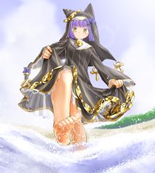 Rule 34 | 1girl, animal ears, animal hood, ankh, barefoot, bastet lore, bell, neck bell, black dress, breasts, cat ears, cat hood, cat tail, collar, curtsey, dress, emil chronicle online, feet, from below, habit, hood, kasuga yukihito, lens flare, purple hair, short hair, sky, small breasts, solo, splashing, striped, tail, tail ornament, toes, vertical stripes, wading, yellow eyes