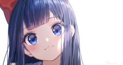 Rule 34 | 10s, 1girl, :3, blue eyes, blue hair, blunt bangs, blush, bow, closed mouth, commentary, hair bow, head tilt, light, long hair, looking at viewer, pipimi, poptepipic, portrait, red bow, ryota (ry o ta), signature, simple background, solo, straight hair, symbol-only commentary, white background