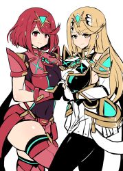 Rule 34 | 2girls, asyura kumo, bare shoulders, black gloves, blonde hair, breasts, chest jewel, dress, earrings, elbow gloves, fingerless gloves, gloves, highres, jewelry, large breasts, long hair, multiple girls, mythra (massive melee) (xenoblade), mythra (xenoblade), nintendo, pantyhose, pyra (xenoblade), red eyes, red hair, red legwear, red shorts, short dress, short hair, short shorts, shorts, simple background, super smash bros., swept bangs, thigh strap, thighhighs, tiara, very long hair, white dress, white gloves, xenoblade chronicles (series), xenoblade chronicles 2