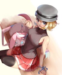 Rule 34 | 1girl, absurdres, blonde hair, blue eyes, blush, bow, breasts, closed mouth, creatures (company), game freak, gen 6 pokemon, hat, highres, looking at viewer, medium breasts, momdy (talesshinja), nintendo, one eye closed, open mouth, pokemon, pokemon (anime), pokemon (creature), pokemon journeys, pokemon swsh105, ribbon, serena (pokemon), shirt, short hair, sitting, skirt, sleeveless, sleeveless shirt, solo, sylveon, thighhighs