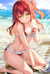 Rule 34 | 1girl, bare arms, bare shoulders, beach, bikini, blurry, blurry background, blush, bocchi the rock!, breasts, collarbone, commentary request, frilled bikini, frills, fujima takuya, hair between eyes, holding, ice, ice cube, kita ikuyo, kneeling, lens flare, light rays, long hair, looking at viewer, navel, one side up, parted lips, plaid, plaid bikini, red hair, sidelocks, small breasts, solo, stomach, swimsuit, twitter username, wet, yellow eyes