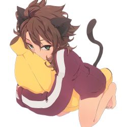 Rule 34 | 1boy, aged up, androgynous, animal ears, banana, banana boat, barefoot, bottomless, brown hair, cat boy, cat ears, cat tail, food, fruit, fudou akio, green eyes, highres, holding, holding food, holding fruit, hugging object, inazuma eleven, inazuma eleven (series), inazuma eleven go, kemonomimi mode, long hair, male focus, on banana, pillow, pillow hug, shima (rina0617), simple background, solo, tail, trap, white background