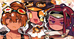 Rule 34 | 1boy, 2girls, :d, @ @, anger vein, ascot, black gloves, black hat, blonde hair, brown eyes, brown hair, closed mouth, collarbone, cookie run, cookie run: ovenbreak, croissant cookie, dark-skinned female, dark skin, dual persona, eyepatch, gloves, goggles, goggles on head, goggles on headwear, hair between eyes, hand on another&#039;s face, hand on another&#039;s shoulder, hat, highres, humanization, long hair, long sleeves, looking at another, looking at viewer, multiple girls, no sclera, omoyu (nakyu715), open mouth, orange eyes, outline, ponytail, portrait, purple eyes, red hair, shaded face, simple background, smile, string gummy cookie, striped background, sweatdrop, timekeeper cookie, tongue, white ascot, white outline