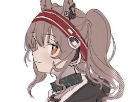 Rule 34 | 1girl, angelina (arknights), animal ear fluff, animal ears, arknights, black jacket, brown eyes, brown hair, closed mouth, extra ears, hairband, highres, hood, hood down, hooded jacket, jacket, long hair, looking at viewer, portrait, red hairband, simple background, smile, solo, striped clothes, striped hairband, tetuw, twintails, white background