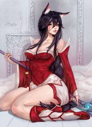 Rule 34 | 1girl, ahri (league of legends), animal ear fluff, animal ears, artist name, bare shoulders, bell, black hair, braid, braided ponytail, breasts, collarbone, detached sleeves, dress, facial mark, fox ears, fox girl, fox tail, full body, holding, holding staff, kyuubi, large breasts, league of legends, long bangs, long hair, looking at viewer, orange eyes, parted lips, red dress, red lips, short dress, sitting, sleepingsol, solo, staff, tail, tassel, thighs, very long hair, wariza, whisker markings