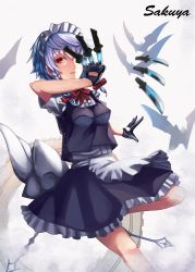 Rule 34 | 1girl, aozarigani, apron, arm up, bad id, bad pixiv id, bat (animal), between fingers, black gloves, blue vest, bow, breasts, character name, clock, clock hands, expressionless, gears, gloves, hair bow, holding, holding knife, izayoi sakuya, knife, knives between fingers, leg up, maid, maid apron, maid headdress, medium breasts, red eyes, ribbon, shirt, short hair, short sleeves, silver hair, skirt, solo, touhou, vest, white shirt