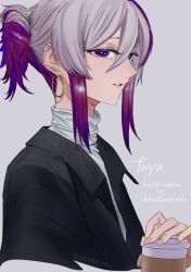 Rule 34 | 1girl, black jacket, blouse, coffee cup, commentary, cup, danaka, disposable cup, earrings, flower (vocaloid), grey background, holding, holding cup, jacket, jewelry, lips, looking at viewer, multicolored hair, parted lips, ponytail, purple eyes, purple hair, romaji commentary, shirt, short ponytail, sidelocks, sideways glance, solo, streaked hair, turtleneck, upper body, flower (gynoid talk), vocaloid, white hair, white shirt