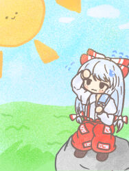 Rule 34 | 1girl, blue sky, bow, closed mouth, commentary request, flying sweatdrops, food, fujiwara no mokou, full body, hair bow, holding, holding food, juliet sleeves, long hair, long sleeves, ofuda, ofuda on clothes, outdoors, pants, popsicle, puffy sleeves, red pants, sky, solid oval eyes, solo, sun, suspenders, tanakarabotaga, touhou, white hair
