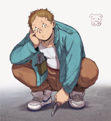 Rule 34 | 1boy, blue eyes, blue jacket, brown hair, brown pants, cross-laced footwear, dorohedoro, facial mark, full body, hand on own cheek, hand on own face, hand up, head rest, holding, holding knife, holster, holstered, jacket, ki (mxxxx), knife, looking at viewer, male focus, pants, pig, shirt, shoes, short hair, solo, squatting, throwing knife, ton (dorohedoro), weapon, white background, white footwear, white shirt