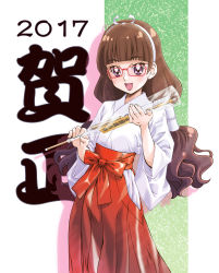 Rule 34 | 1girl, 2017, :d, amanogawa kirara, arrow (projectile), brown hair, glasses, go! princess precure, hairband, highres, japanese clothes, long hair, looking at viewer, miko, new year, open mouth, precure, purple eyes, smile, solo, twintails, wide sleeves