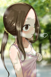 Rule 34 | 1girl, bare shoulders, blurry, blurry background, blush, brown eyes, brown hair, camisole, child, commentary, covered erect nipples, day, depth of field, forehead, from side, hair ornament, hair scrunchie, hand up, highres, karakai jouzu no takagi-san, long hair, looking away, low ponytail, note2000, outdoors, parted bangs, parted lips, pink camisole, ponytail, profile, scrunchie, see-through, solo, takagi-san, upper body, very long hair, white camisole, yellow scrunchie