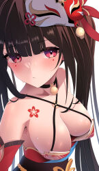 1girl absurdres bare_shoulders bell black_choker black_sash blush breasts brown_hair butterfly-shaped_pupils choker cleavage criss-cross_halter detached_sleeves dress flower_tattoo fox_mask halterneck highres honkai:_star_rail honkai_(series) large_breasts looking_at_viewer mark_under_both_eyes mask mask_on_head neck_bell pink_eyes red_dress red_sleeves sash solo sparkle_(honkai:_star_rail) sweat symbol-shaped_pupils tattoo tetori_(tetolisto) twintails