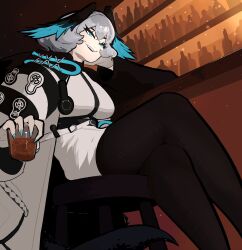 Rule 34 | 1girl, aqua eyes, aqua wings, arknights, arm support, bar (place), belt, between breasts, black belt, black tail, black wings, breasts, coat, crossed legs, cup, dress, fangs, feathered wings, feet out of frame, fingerless gloves, fingernails, full body, gloves, grey hair, hair between eyes, head wings, highres, ho&#039;olheyak (arknights), holding, holding cup, hood, hooded coat, large breasts, long sleeves, looking at another, multicolored coat, nail polish, open clothes, open coat, pencil dress, sharp fingernails, short dress, short hair, sidelocks, slapsoff, slit pupils, snake girl, snake tail, solo, strap between breasts, tail, teeth, two-tone coat, two-tone wings, upper teeth only, white dress, white gloves, wings