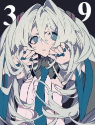Rule 34 | 1girl, absurdres, aqua hair, blue eyes, blue nails, blue neckwear, closed mouth, detached sleeves, hair between eyes, hatsune miku, highres, long hair, long sleeves, looking at viewer, mochizuki kei, nail polish, solo, twintails, vocaloid, wide sleeves