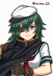 Rule 34 | 1girl, armor, brown cape, brown gloves, cape, eyepatch, gloves, green eyes, green hair, green sailor collar, hat, kantai collection, kiso (kancolle), kiso kai ni (kancolle), looking at viewer, maakun (makun dx), neckerchief, one-hour drawing challenge, pauldrons, red neckerchief, sailor collar, sailor hat, school uniform, serafuku, short hair, shoulder armor, simple background, single pauldron, solo, twitter username, upper body, white background