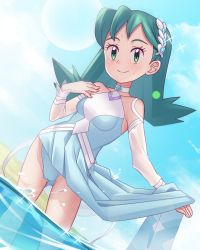 Rule 34 | 1girl, blue one-piece swimsuit, blush, breasts, cameltoe, choker, closed mouth, clothes lift, cloud, commentary request, creatures (company), day, detached sleeves, eyelashes, game freak, gazing eye, green eyes, green hair, hand up, highres, kris (pokemon), kris (sygna suit) (pokemon), long hair, nintendo, official alternate costume, one-piece swimsuit, outdoors, pokemon, pokemon masters ex, sky, smile, solo, sparkle, standing, swimsuit, wading, water, white choker