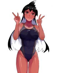 Rule 34 | 1girl, black eyes, black hair, bright pupils, competition swimsuit, multicolored hair, one-piece swimsuit, simple background, sudeni sokurou, swimsuit, tan, v, white hair, white pupils