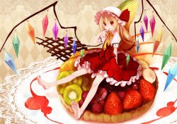 Rule 34 | 1girl, adapted costume, argyle, argyle background, argyle clothes, ascot, bare legs, barefoot, blonde hair, doily, embodiment of scarlet devil, feet, female focus, finger to mouth, flandre scarlet, food, fruit, grapes, hat, highres, in food, kiwi (fruit), koto (colorcube), lace background, mini person, minigirl, orange (fruit), red eyes, short hair, side ponytail, sitting, smile, solo, strawberry, syrup, tart (food), touhou, wings