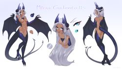 Rule 34 | absurdres, blue eyes, breasts, character sheet, dark-skinned female, dark skin, dragon, highres, horns, long hair, looking at viewer, md5 mismatch, mirra, monster girl, nude, original, pointy ears, resolution mismatch, scales, small breasts, source smaller, tail, vincher art, winged arms, wings, wyvern