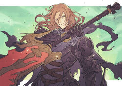 Rule 34 | 1boy, armor, belt, black armor, black cape, border, brown belt, brown eyes, brown hair, cape, commentary, english commentary, gauntlets, granblue fantasy, greatsword, green background, holding, holding sword, holding weapon, kaworu (kaw lov), letterboxed, long hair, looking at viewer, male focus, outside border, parted bangs, pauldrons, reverse grip, shoulder armor, siegfried (granblue fantasy), solo, sword, torn cape, torn clothes, upper body, weapon, white border, wrinkled skin