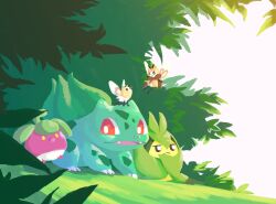 Rule 34 | animal focus, black eyes, bounsweet, bulbasaur, claws, closed mouth, creatures (company), crossed arms, cutiefly, fangs, flying, frown, game freak, gen 1 pokemon, gen 5 pokemon, gen 7 pokemon, highres, jitome, john (kyoj), looking ahead, looking at viewer, nintendo, no humans, nostrils, open mouth, outdoors, pants, pokemon, pokemon (creature), red eyes, ribombee, smile, solid oval eyes, swadloon, white pants, yellow eyes