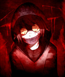 Rule 34 | 1boy, blood, blood on clothes, blood on face, brown hair, creepy, creepypasta, goggles, head tilt, highres, hood, hoodie, horror (theme), likesac, looking at viewer, mask, striped, texture, ticci toby