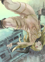 Rule 34 | 1girl, bad id, bad pixiv id, blonde hair, blonde pubic hair, breasts, building, capelet, censored, colored pubic hair, female pubic hair, gravity daze, kitten (gravity daze), nipples, open mouth, pubic hair, pussy, red eyes, small breasts, solo, upside-down, wristband, yohane