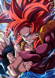 Rule 34 | 1boy, artist name, aura, biceps, black wristband, blue eyes, body fur, commentary request, crossed wrists, dragon ball, dragon ball gt, electricity, energy, fingernails, gogeta, grin, hands up, highres, male focus, metamoran vest, muscular, muscular male, open clothes, open vest, red fur, red hair, seya (asasei 718), signature, smile, solo, super saiyan, super saiyan 4, teeth, upper body, v-shaped eyebrows, vest, wristband