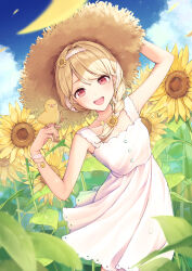 Rule 34 | 1girl, absurdres, animal print, armpits, aruto araragi, bird, bird on hand, bird print, blonde hair, blue sky, bracelet, braid, brown headwear, cloud, dress, dutch angle, falling petals, field, floral print, flower, flower field, hair flower, hair ornament, hairband, hand on headwear, hat, highres, jewelry, kogara toto, lace hairband, looking at viewer, necklace, petals, red eyes, side braid, sidelocks, sky, smile, solo, standing, straw hat, sundress, sunflower, sunflower field, sunflower hair ornament, sunflower print, teeth, upper teeth only, virtual youtuber, vspo!, white dress
