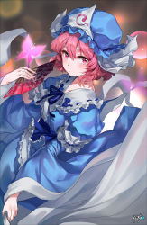Rule 34 | 1girl, absurdres, blue bow, blurry, blurry background, blush, bow, breasts, bug, butterfly, frilled kimono, frills, from side, glowing butterfly, hair between eyes, hand fan, hat, highres, holding, holding fan, insect, japanese clothes, kimono, kyjsogom, lens flare, logo, long sleeves, looking at viewer, perfect cherry blossom, pink hair, profile, red eyes, saigyouji yuyuko, short hair, signature, solo, standing, touhou, traditional clothes, wide sleeves