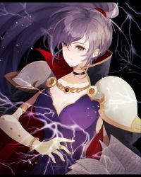 Rule 34 | 1girl, armor, book, breasts, bridal gauntlets, cape, choker, cleavage, collarbone, dress, earrings, elbow gloves, electricity, fingerless gloves, fire emblem, fire emblem: genealogy of the holy war, gloves, highres, holding, holding book, ishtar (fire emblem), jewelry, kro, light purple hair, lightning, long hair, medium breasts, nintendo, open book, ponytail, purple dress, purple eyes, shoulder armor, shoulder pads, solo, storm, upper body, white gloves