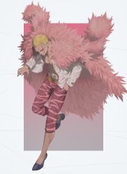 Rule 34 | 1boy, abs, absurdres, blonde hair, capri pants, coat, commentary request, donquixote doflamingo, earrings, evil grin, evil smile, feather coat, full body, grin, groin, hands in pocket, highres, jewelry, ksuke (k-taro31), long sleeves, male focus, muscular, muscular male, navel, one piece, pants, pectorals, pink coat, shirt, short hair, smile, solo, sunglasses, teeth, thread, tinted eyewear, veiny face, white shirt