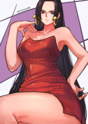 Rule 34 | 1girl, amazon warrior, aosora2823, armpits, bare shoulders, black hair, blue eyes, blush, boa hancock, breasts, cleavage, closed mouth, commentary request, dress, earrings, from below, hand on own hip, highres, jewelry, large breasts, long hair, looking at viewer, one piece, red dress, snake earrings, solo, thick thighs, thighs
