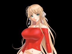 Rule 34 | 1girl, bare shoulders, blonde hair, breasts, collarbone, earrings, game cg, green eyes, hair ribbon, large breasts, long hair, long sleeves, looking at viewer, midriff, navel, original, parted lips, pendant, ribbon, sano toshihide, saotome maria, sex life, simple background, smile, solo, standing, upper body