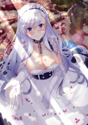 Rule 34 | 1girl, absurdres, azur lane, belfast (azur lane), black choker, breasts, broken, broken chain, chain, chain, cherry blossoms, choker, cleavage, dress, elbow gloves, frilled dress, frilled hairband, frills, from above, gloves, hairband, highres, large breasts, light purple hair, long hair, looking at viewer, looking up, maid, maid headdress, marumai, purple eyes, sleeveless, sleeveless dress, solo, very long hair, white dress, white gloves