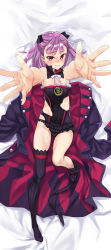 Rule 34 | 1girl, armpits, coat, cuffs, dakimakura (medium), fate/grand order, fate (series), flat chest, handcuffs, helena blavatsky (fate), helena blavatsky (third ascension) (fate), highres, loose thighhigh, lying, matsuryuu, outstretched arms, purple eyes, purple hair, ribbon, sefirot, solo, thighhigh dangle, thighhighs, torn clothes