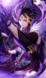 Rule 34 | 1boy, abstract background, belt buckle, black gloves, blonde hair, buckle, claws, commentary, detached sleeves, english commentary, facial hair, facial mark, forehead mark, gloves, hand up, highres, kawausoman, long hair, looking at viewer, male focus, multicolored hair, nijisanji, nijisanji en, parted bangs, pink gloves, purple background, purple eyes, purple hair, red hair, shu yamino, shu yamino (2nd costume), smile, solo, streaked hair, two-sided gloves, upper body, virtual youtuber, xiao guan (headdress)