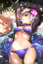 Rule 34 | 1girl, animal print, bat print, bikini, breasts, eyepatch, flower, glasses, hair flower, hair ornament, hibiscus, iri flina, md5 mismatch, navel, o-ring, o-ring top, red eyes, resolution mismatch, short hair, silver hair, solo focus, source smaller, swimsuit, sword girls, tattoo, thighs, vernika answer, wading, water, whoisshe