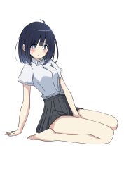 Rule 34 | 1girl, antenna hair, arm support, between legs, black hair, blue eyes, blush, closed mouth, dot mouth, dot nose, from side, grey skirt, hand between legs, highres, medium hair, original, pleated skirt, seiza, shirt, simple background, sitting, skirt, solo, tao genger, white background, white shirt