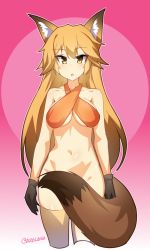 Rule 34 | 10s, 1girl, :o, animal ears, arms at sides, artist name, bare arms, bare shoulders, blonde hair, bottomless, breasts, brown hair, cowboy shot, criss-cross halter, cropped legs, ezo red fox (kemono friends), fox ears, fox tail, gradient background, gradient hair, halterneck, highres, kemono friends, long hair, looking at viewer, medium breasts, multicolored hair, navel, open mouth, pink background, shiny skin, solo, standing, stomach, tail, tail censor, thighhighs, tilt-shift (azalanz), tsurime, underboob, yellow eyes, yellow thighhighs