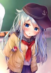 Rule 34 | 10s, 1girl, :o, anchor symbol, arms behind back, black hat, blazer, blue eyes, blue hair, blue skirt, blush, box, brown jacket, buttons, chalkboard, classroom, cowboy shot, embarrassed, flat cap, gift, hat, head tilt, heart-shaped box, hibiki (kancolle), highres, holding, holding gift, indoors, jacket, kantai collection, long hair, long sleeves, looking at viewer, neckerchief, open clothes, open jacket, open mouth, pleated skirt, pocket, red neckerchief, rouka (akatyann), school, skirt, solo focus, sponge, standing, straight hair, unbuttoned, valentine, very long hair