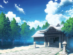 Rule 34 | aoha (twintail), architecture, box, building, cloud, day, donation box, east asian architecture, female focus, forest, hakurei shrine, nature, no humans, rope, scenery, shide, shimenawa, shrine, sky, stairs, stone lantern, touhou, tree, wallpaper
