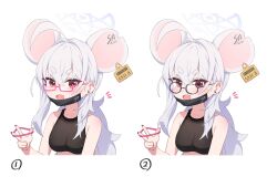 Rule 34 | 1girl, absurdres, animal ears, black mask, black shirt, blue archive, blush, breasts, dong ji, ear tag, extra ears, fang, glasses, grey hair, grey halo, hair between eyes, halo, highres, long hair, looking at viewer, mask, mask pull, medium breasts, mouse ears, mouth mask, multiple views, navel, open mouth, red eyes, saya (blue archive), shirt, simple background, skin fang, sleeveless, sleeveless shirt, smile, solo, white background